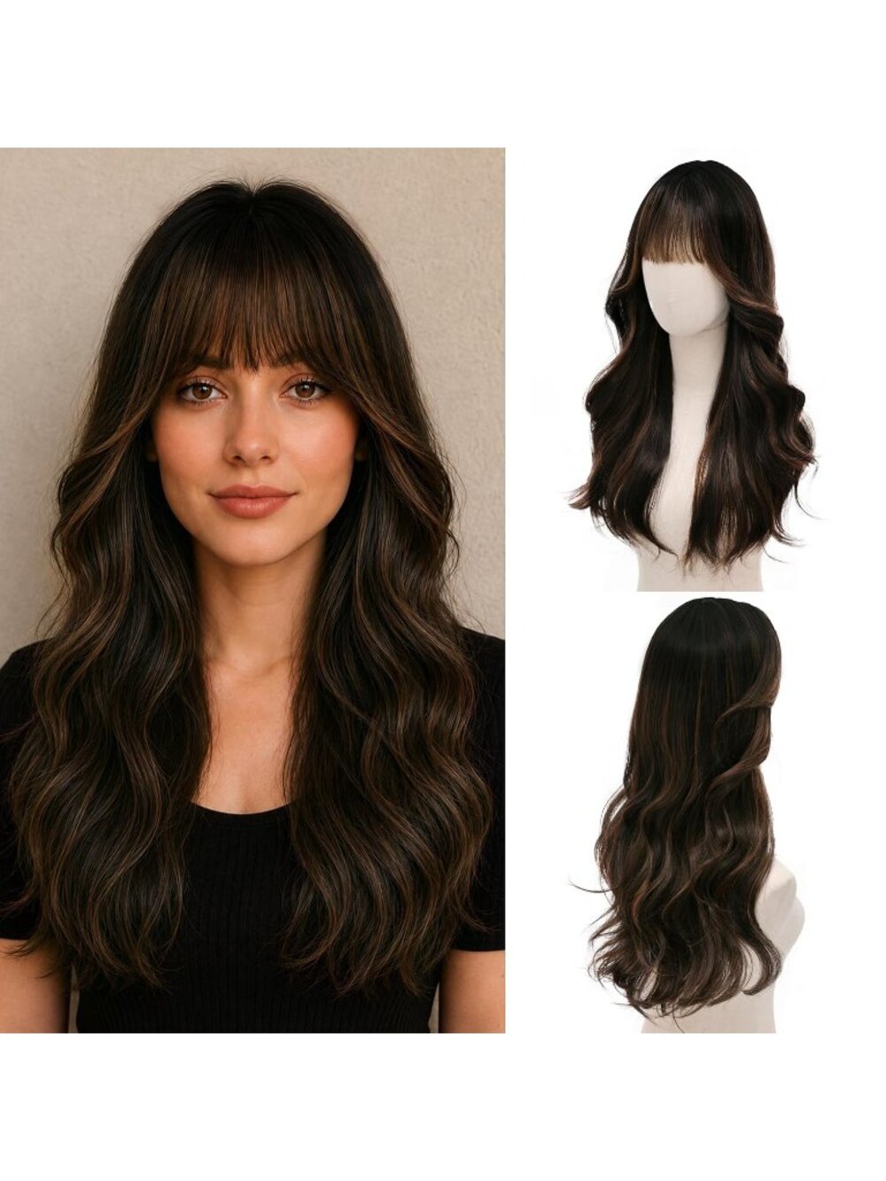 Women's Mocha Honey 24 Inch Long Wavy Heat Resistant Synthetic Hair Wig Bangs